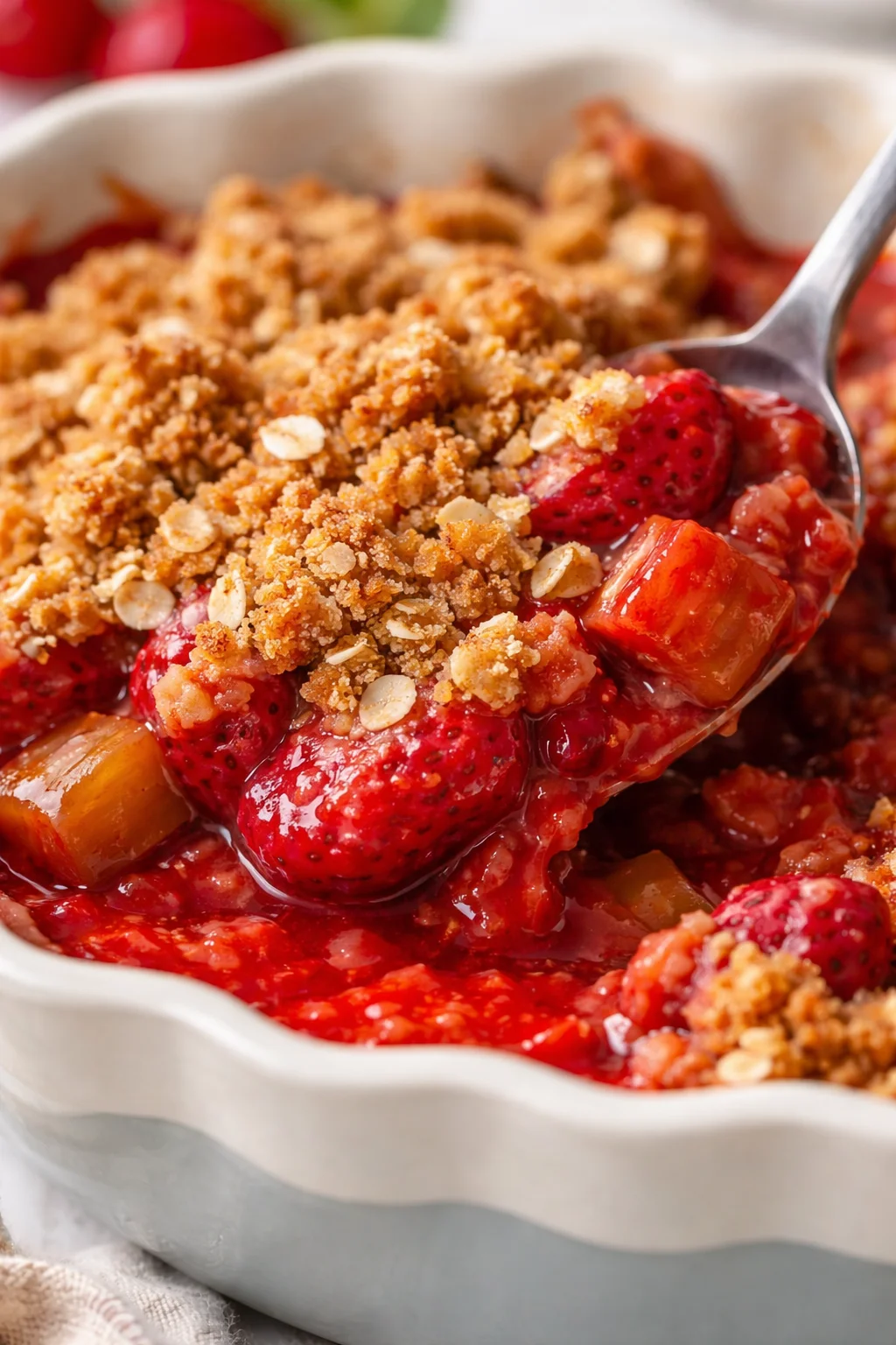 Close-up of berry crumble topping over ruby-red fruit filling in a fluted baking dish.