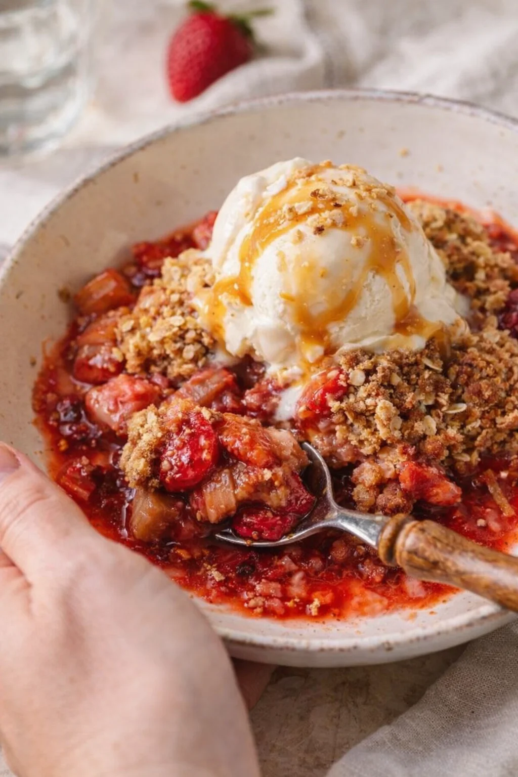 bowl of berry crumble with vanilla ice cream, caramel drizzle, and a spoon
