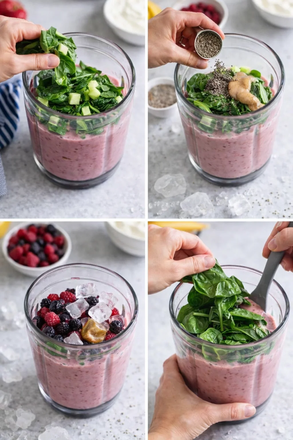 Four-panel collage shows a pink berry-green smoothie being prepared with spinach, seeds, and berries.
