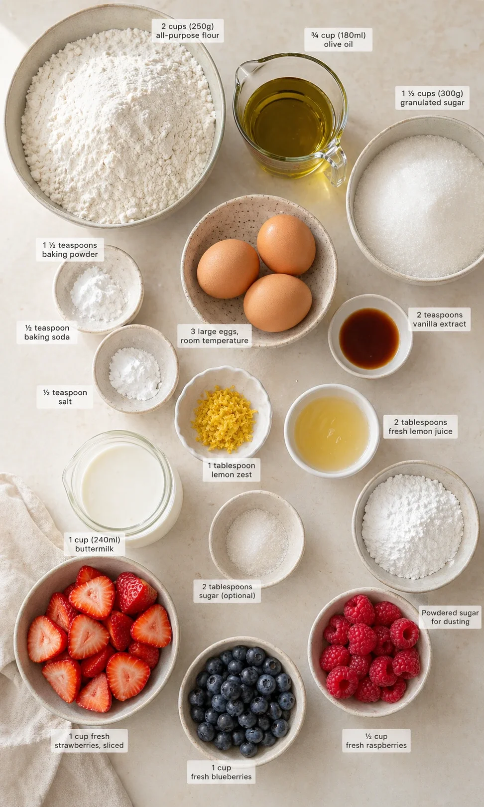 Overhead view of baking ingredients arranged on a light countertop, each item labeled with measurements.