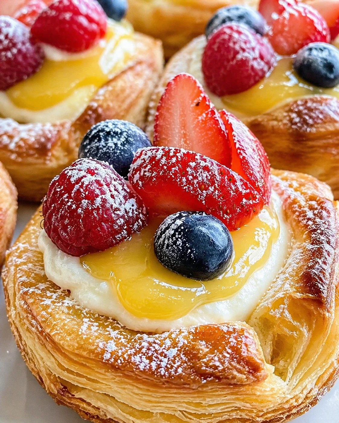 Close-up of a flaky Danish pastry topped with cream, lemon curd, and fresh berries.