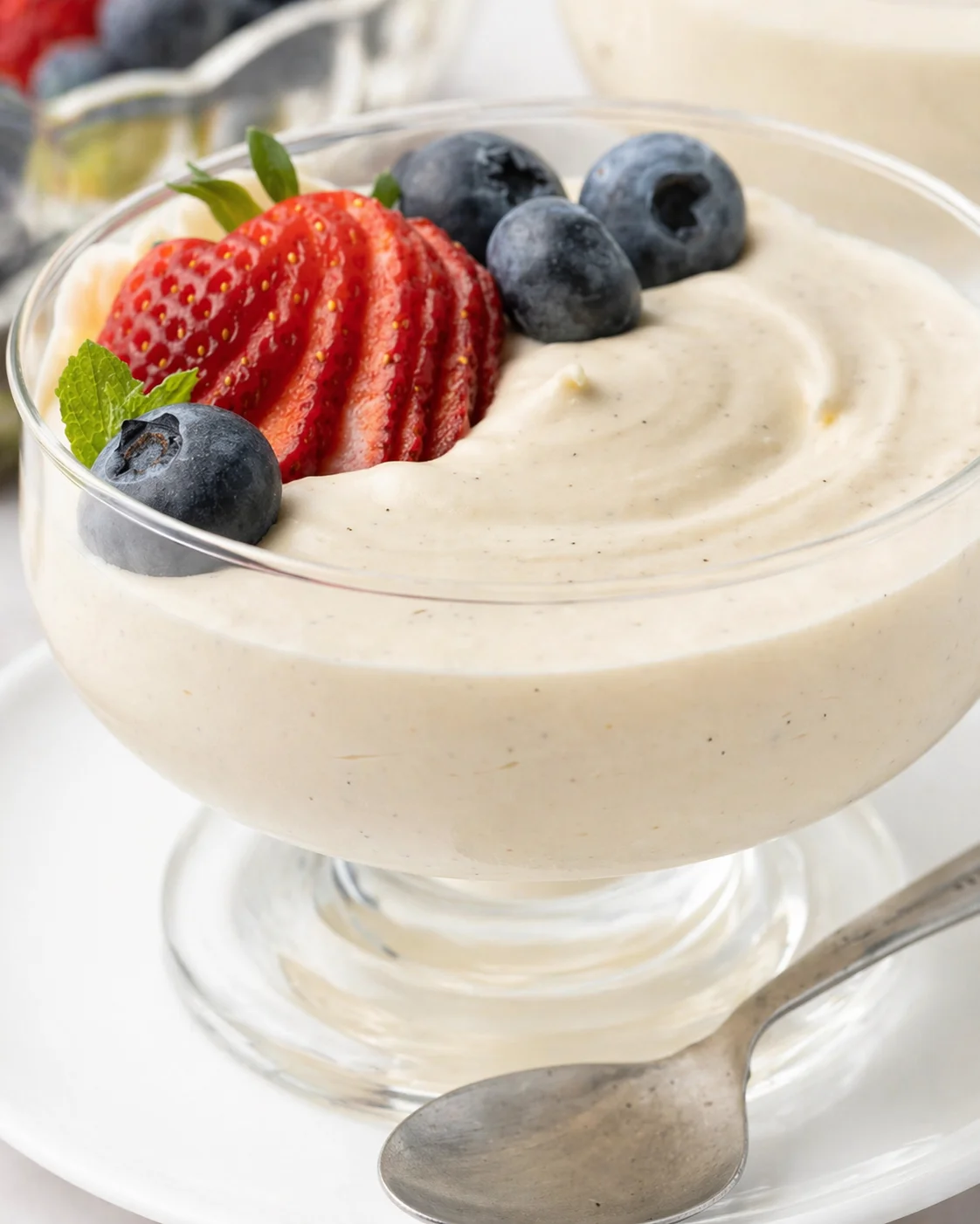 Creamy vanilla mousse in a coupe glass, topped with sliced strawberries, blueberries, and mint leaves.