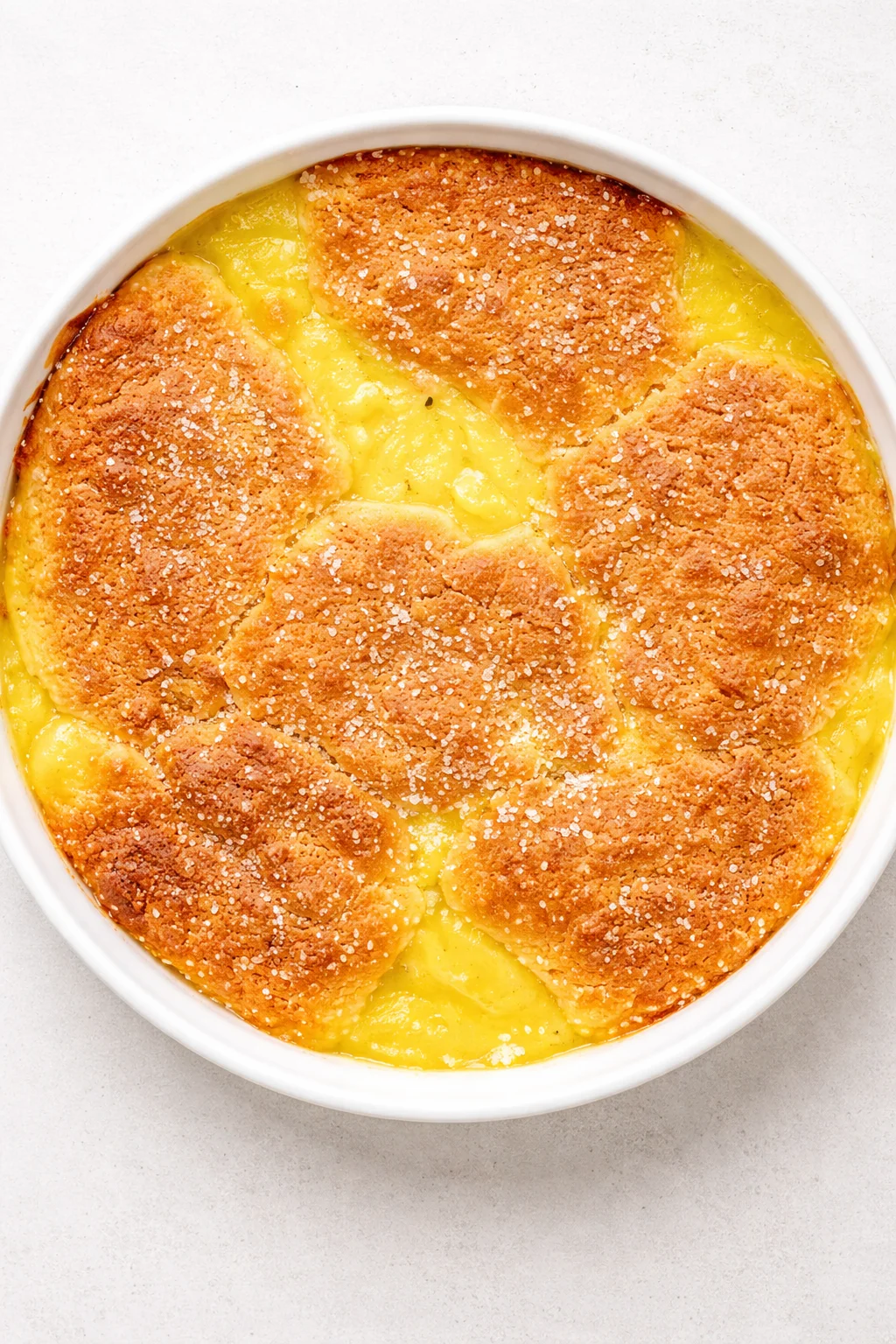 round white baking dish with golden-brown biscuits on a creamy yellow filling