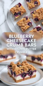 Tall collage of blueberry cheesecake crumb bars with plated bar and overhead bar views arranged vertically with text overlay.
