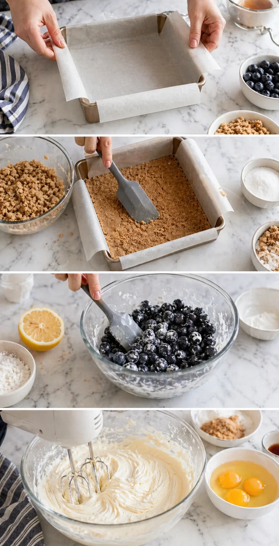 Four-panel collage of assembling blueberry lemon crumble bars on a marble countertop.