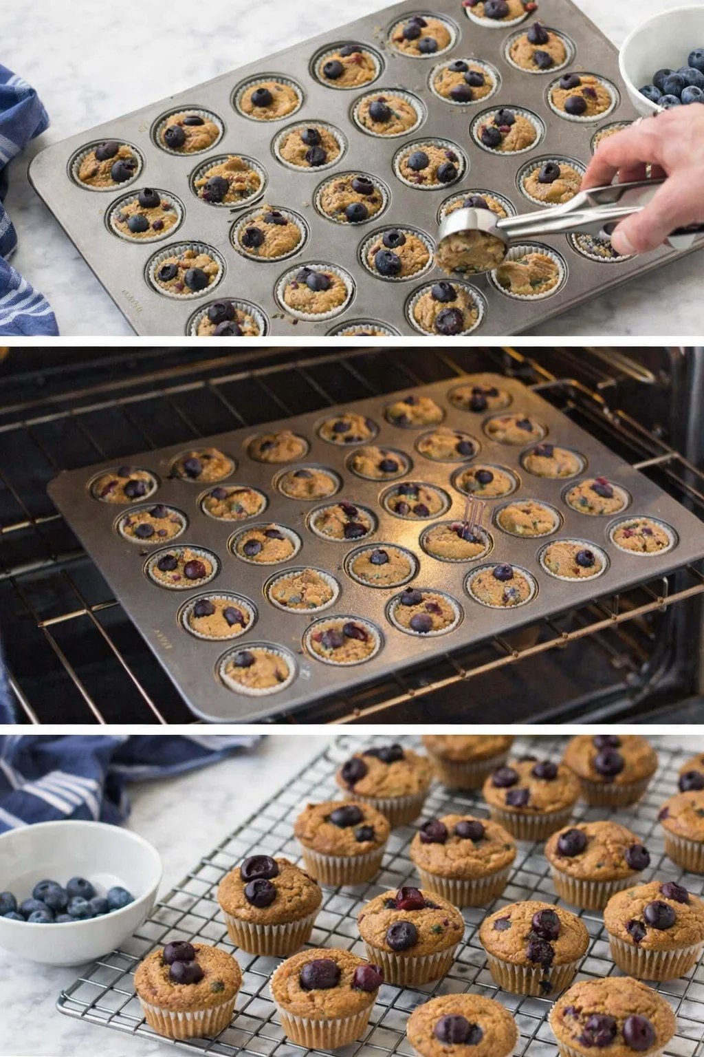 Collage of blueberry muffins: batter being scooped, baking in a metal tin, and muffins cooling on a rack.