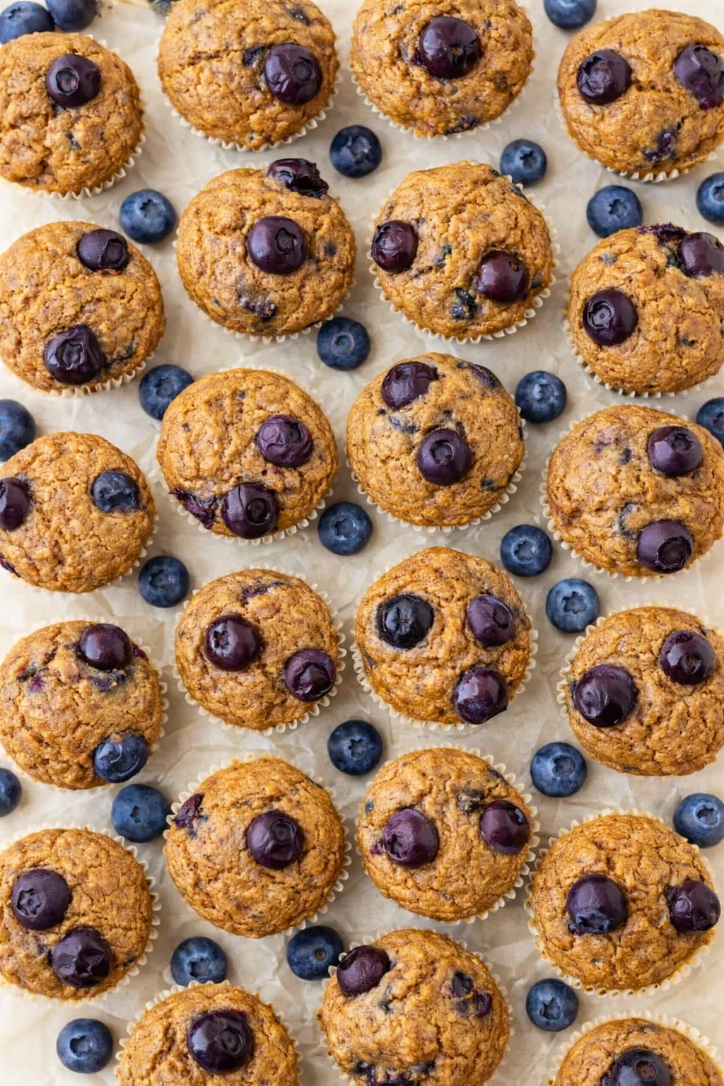 Top-down view of golden blueberry muffins in white liners on parchment with scattered blueberries.