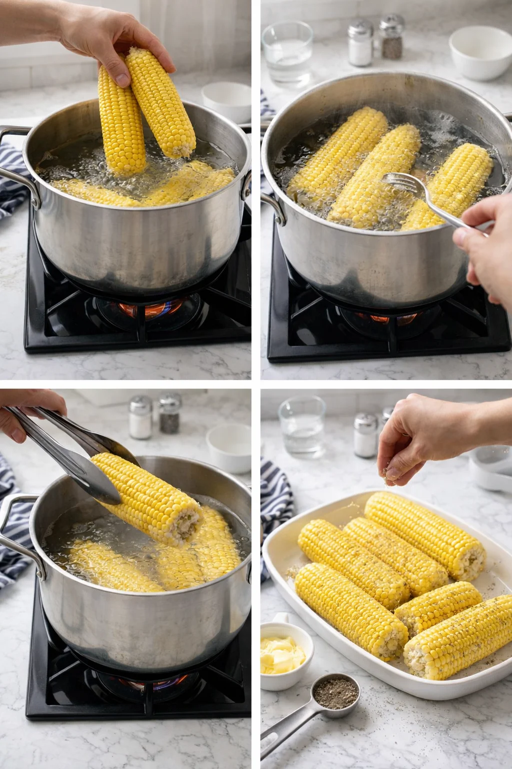 Four-panel sequence showing corn on the cob boiled in a stainless pot, hands handling and serving.