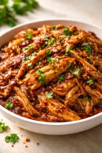 Shredded chicken in glossy red braising sauce with cilantro garnishes in a white bowl.