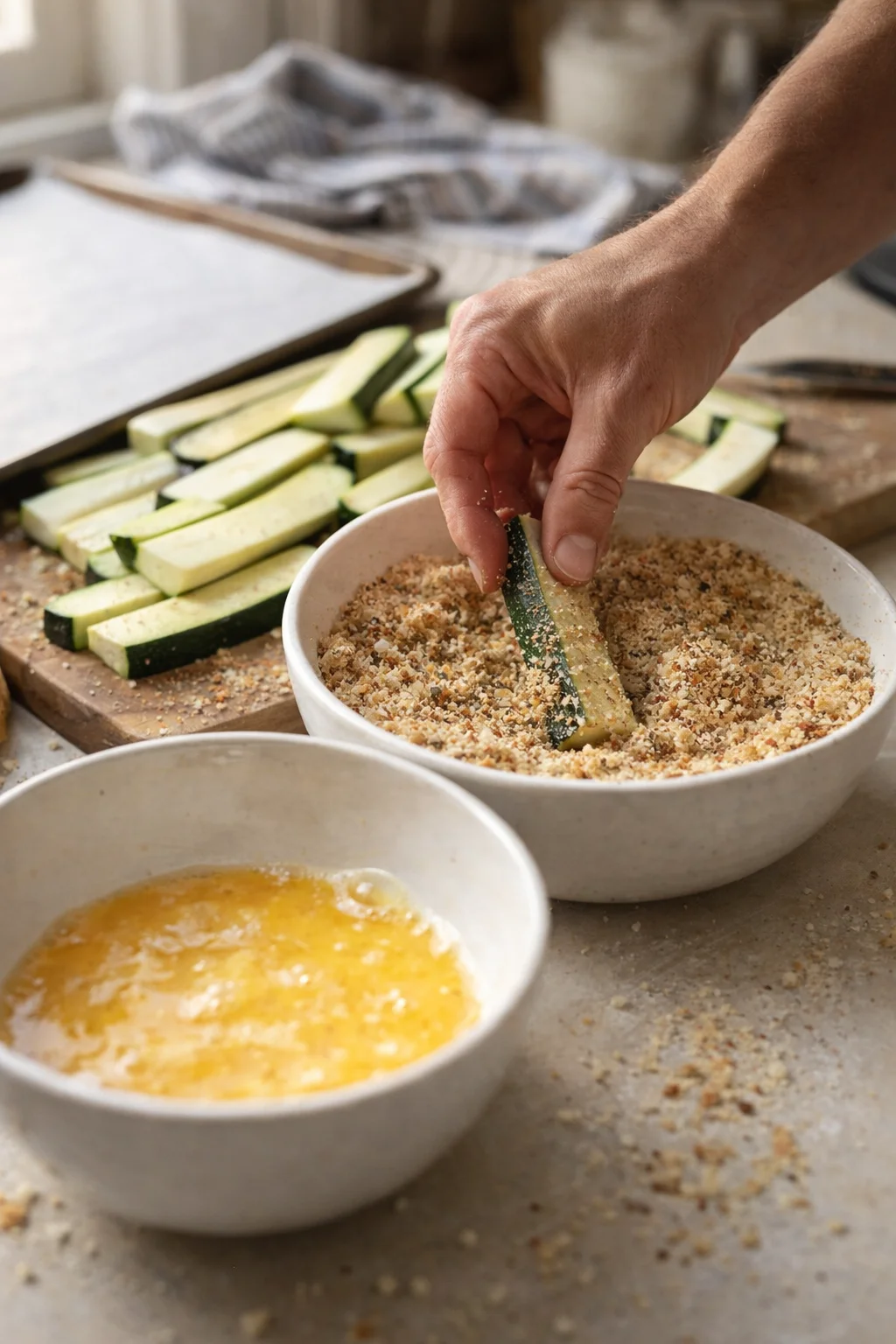 Hand-dipping zucchini spear into crumb coating beside egg wash bowl