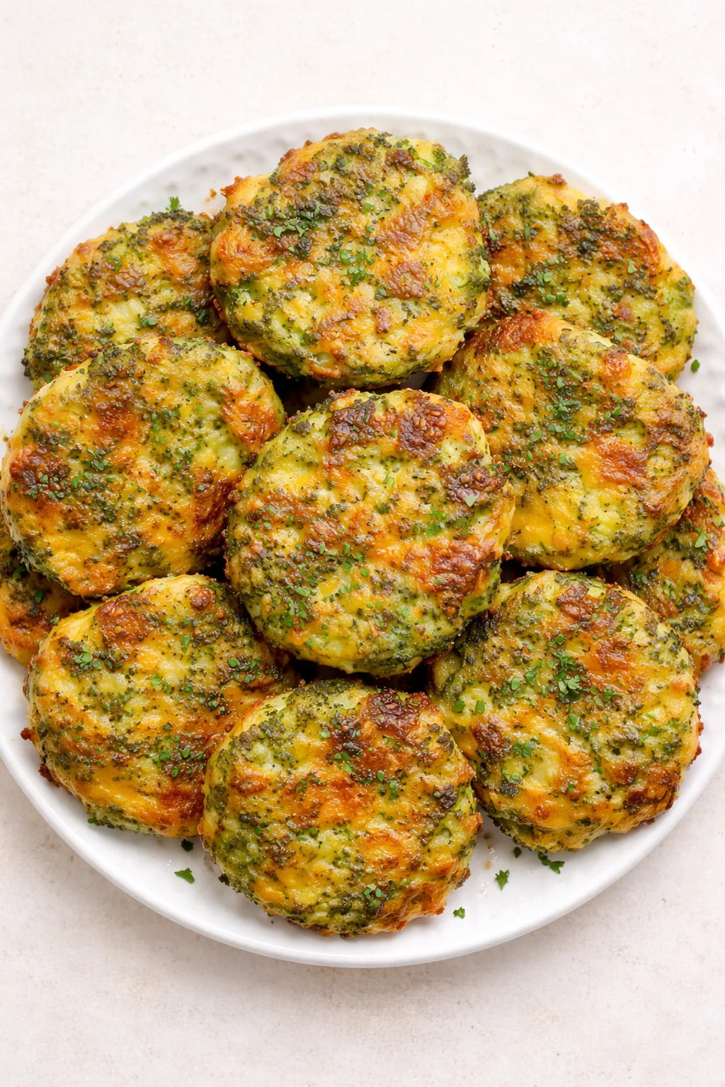 white plate filled with golden-brown broccoli-cheese bites garnished with parsley