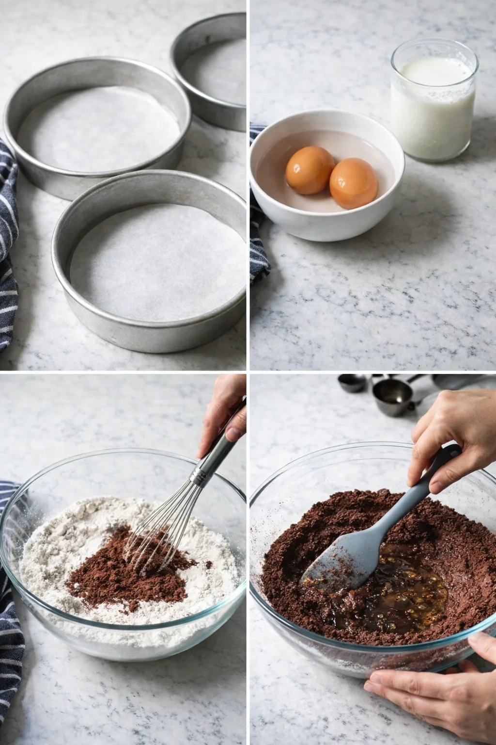 Collage of baking steps: empty pans, eggs with milk, whisking dry ingredients, and chocolate batter being stirred.
