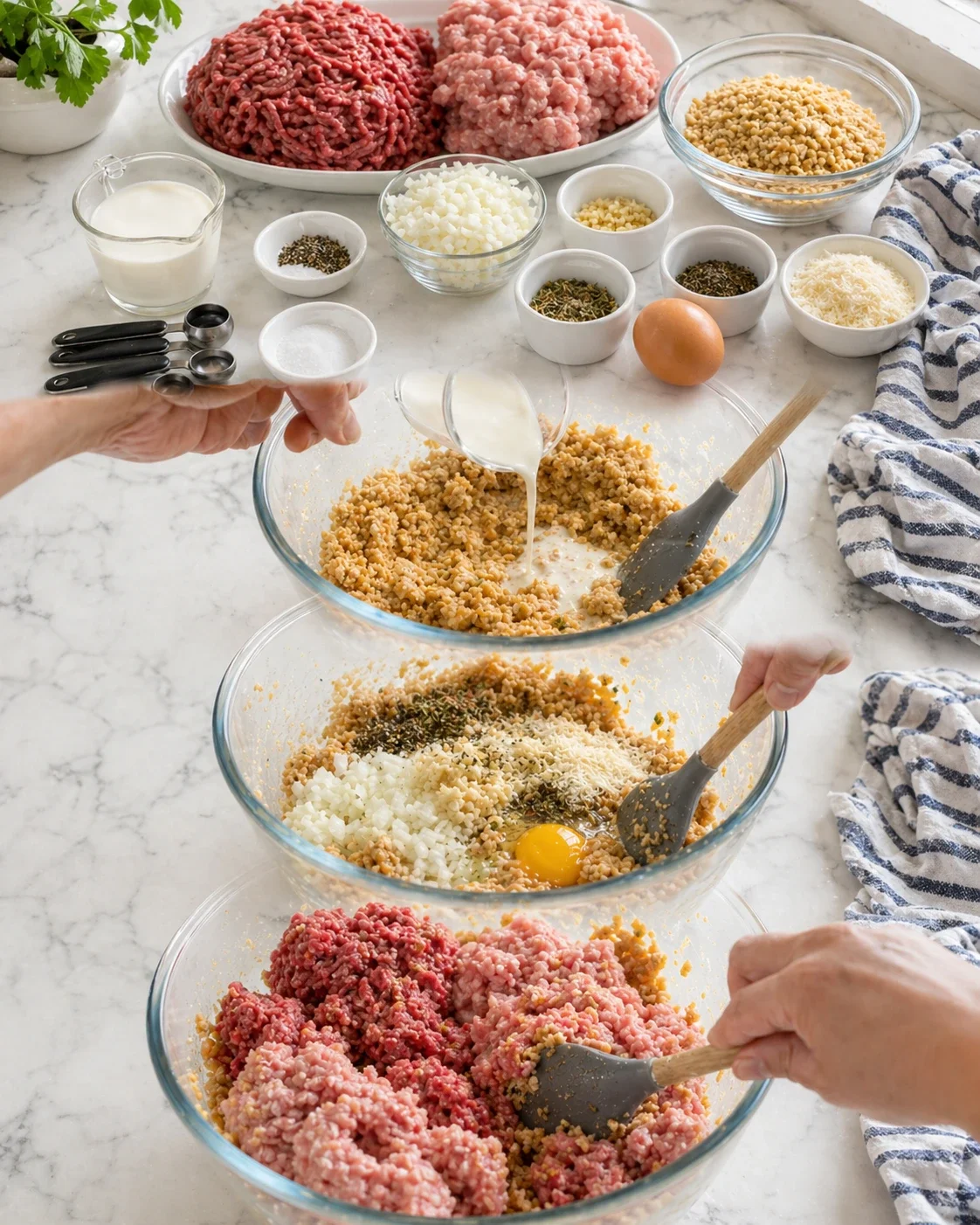 hands mixing bulgur-meat dough with eggs and milk on a marble counter