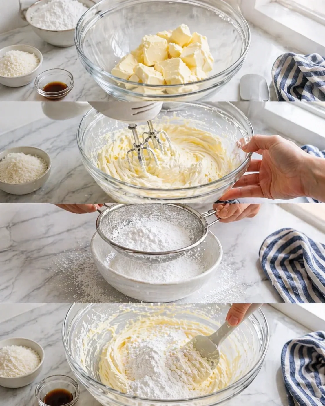 Collage of butter cubes, mixer beating butter, sifting sugar, and batter mixing on marble countertop.