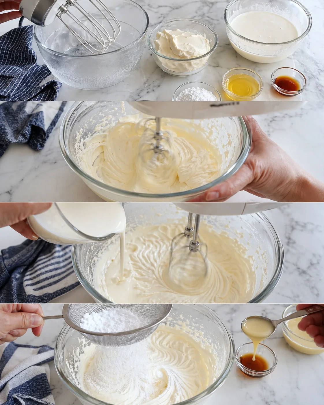 A glass bowl with fluffy buttercream being whisked by an electric mixer, surrounded by small bowls of ingredients.