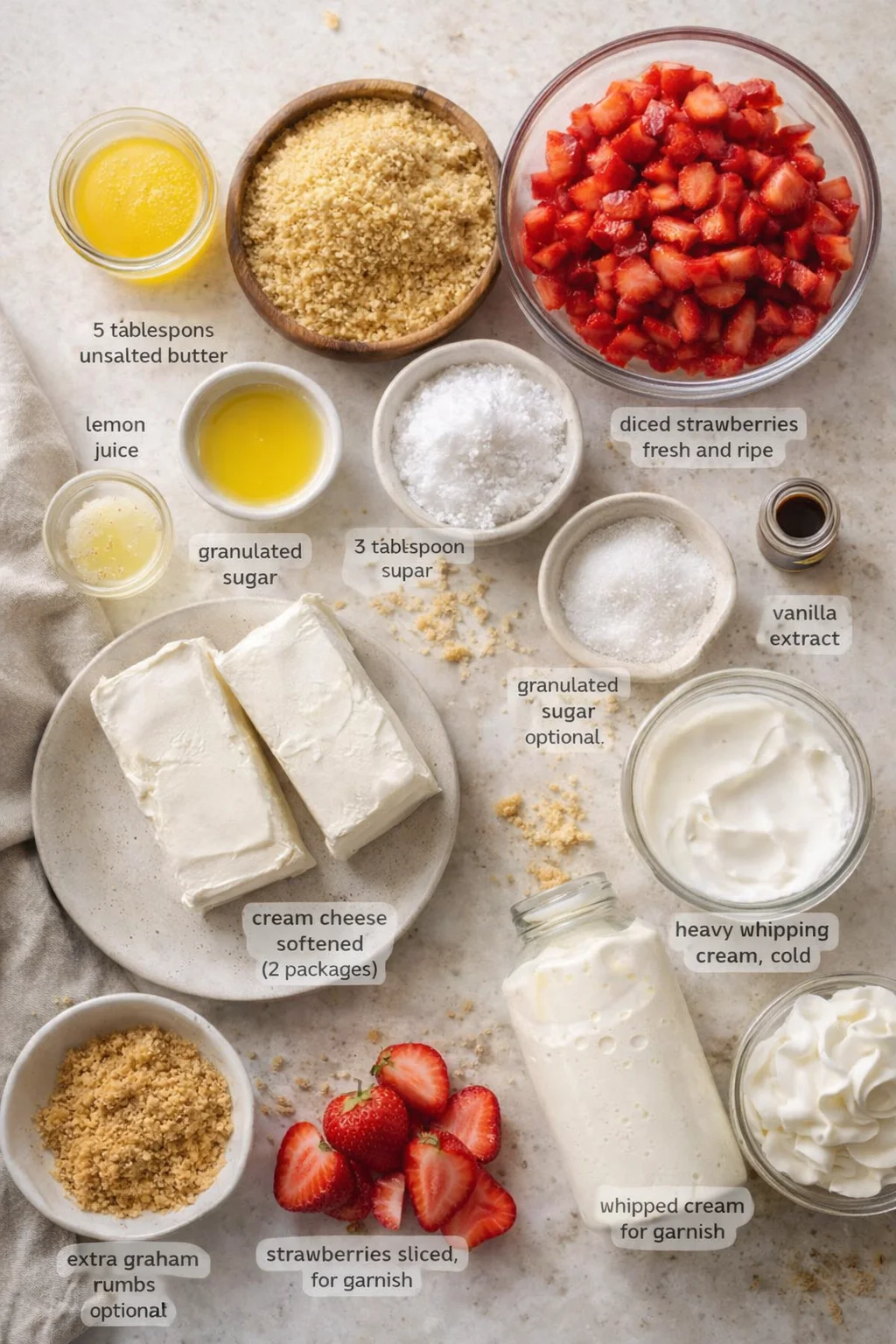 Measured ingredients arranged for Strawberry Cheesecake Cups Recipe: 1 ½ cups graham cracker crumbs (about 10–12 crackers), 3 tablespoons granulated sugar, 5 tablespoons unsalted butter, melted, 16 oz cream cheese, softe