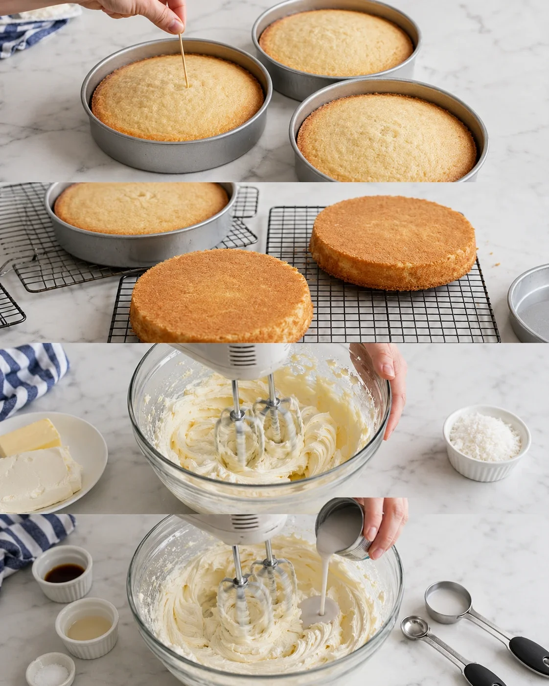 collage of three sponge cakes in pans, cooling, and buttercream being whipped