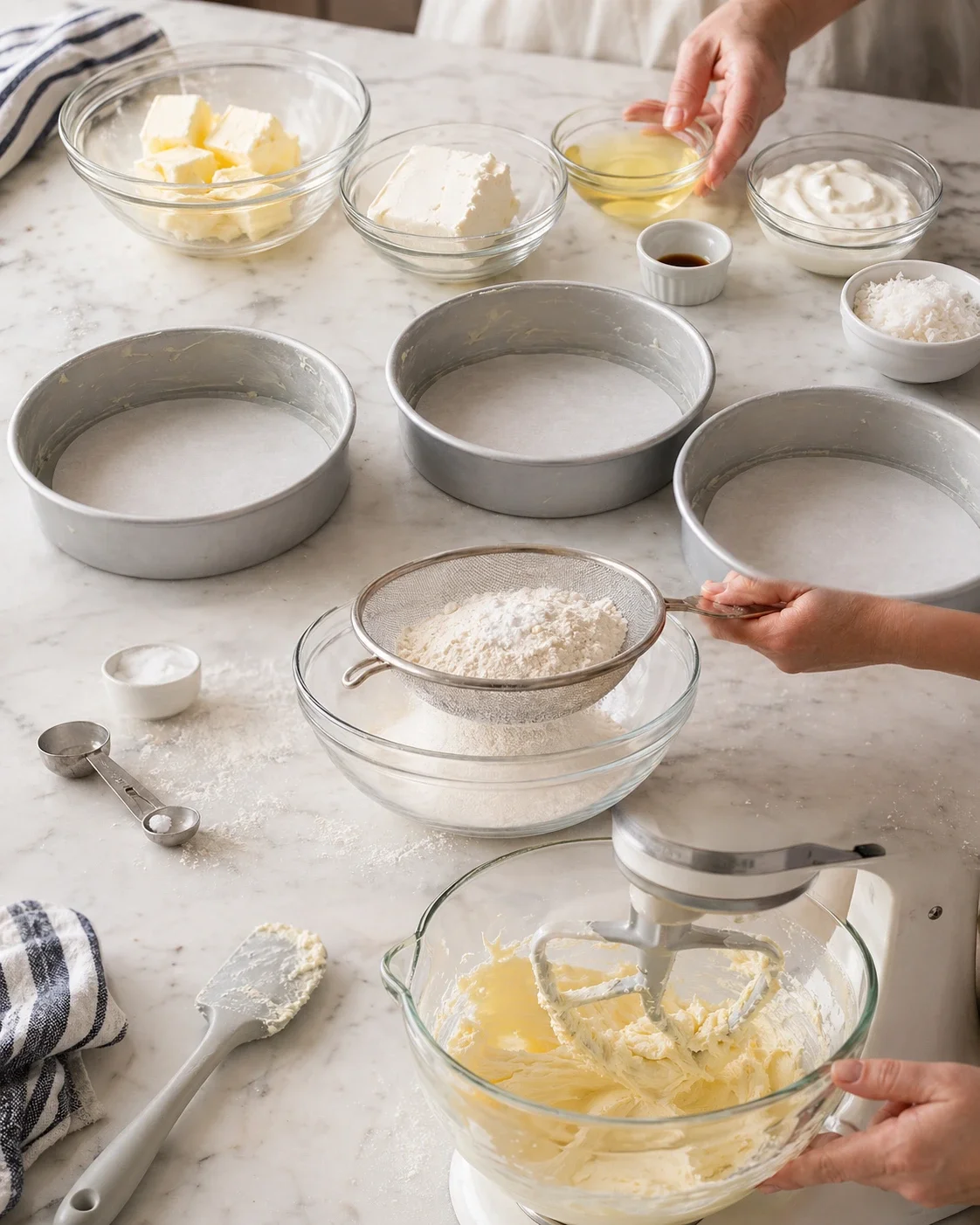 Marble countertop with bowls of butter, flour, liquids, and a mixer, ready for cake prep.