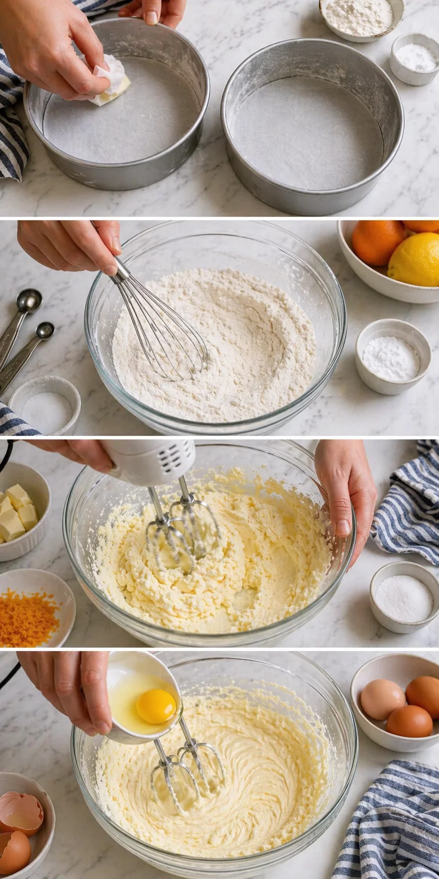 collage of baking steps showing greased pans, whisking dry ingredients, creaming butter, and adding eggs.