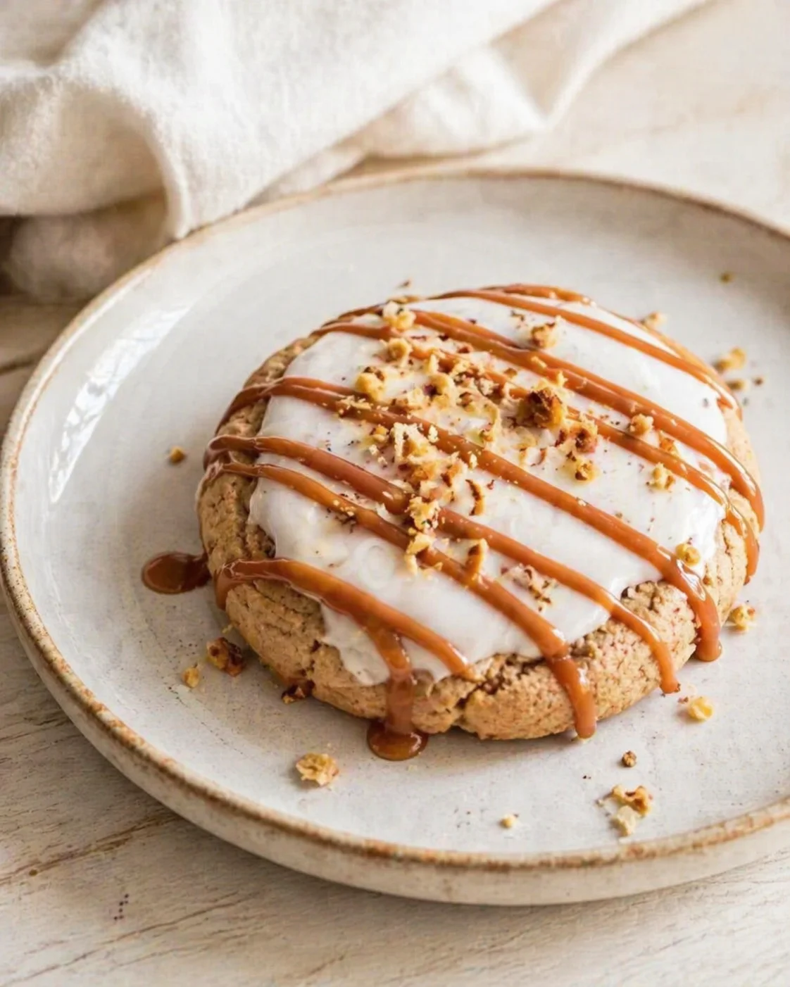 Round cookie with white icing, caramel drizzle, and crumbly topping on a light plate.