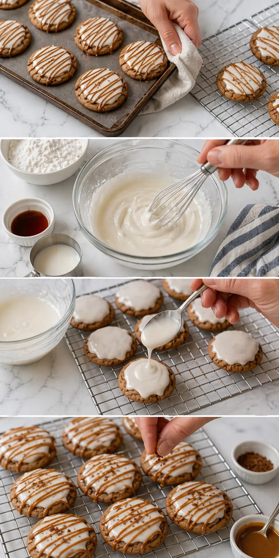Round cookies iced with white glaze and caramel drizzle cooling on a rack; whisked glaze and ingredients on marble counter.