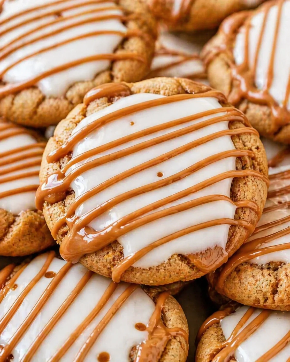 Close-up of sugar cookies with white icing and caramel drizzle, golden-brown edges on a tray