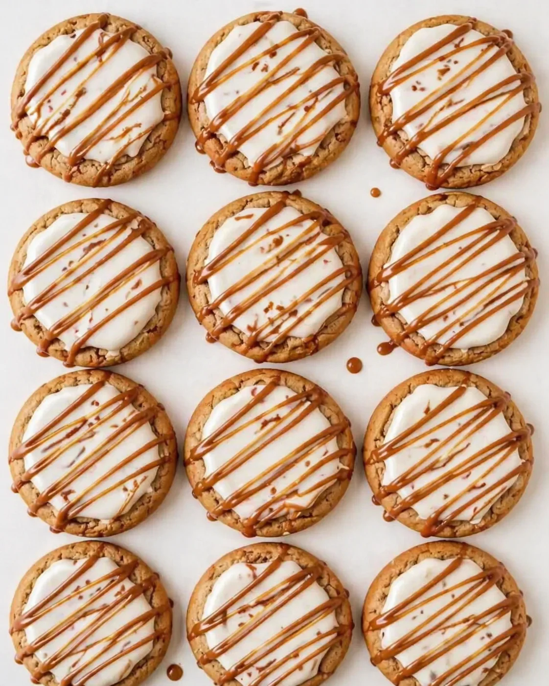 Twelve round cookies with white icing and caramel drizzle arranged on a white background