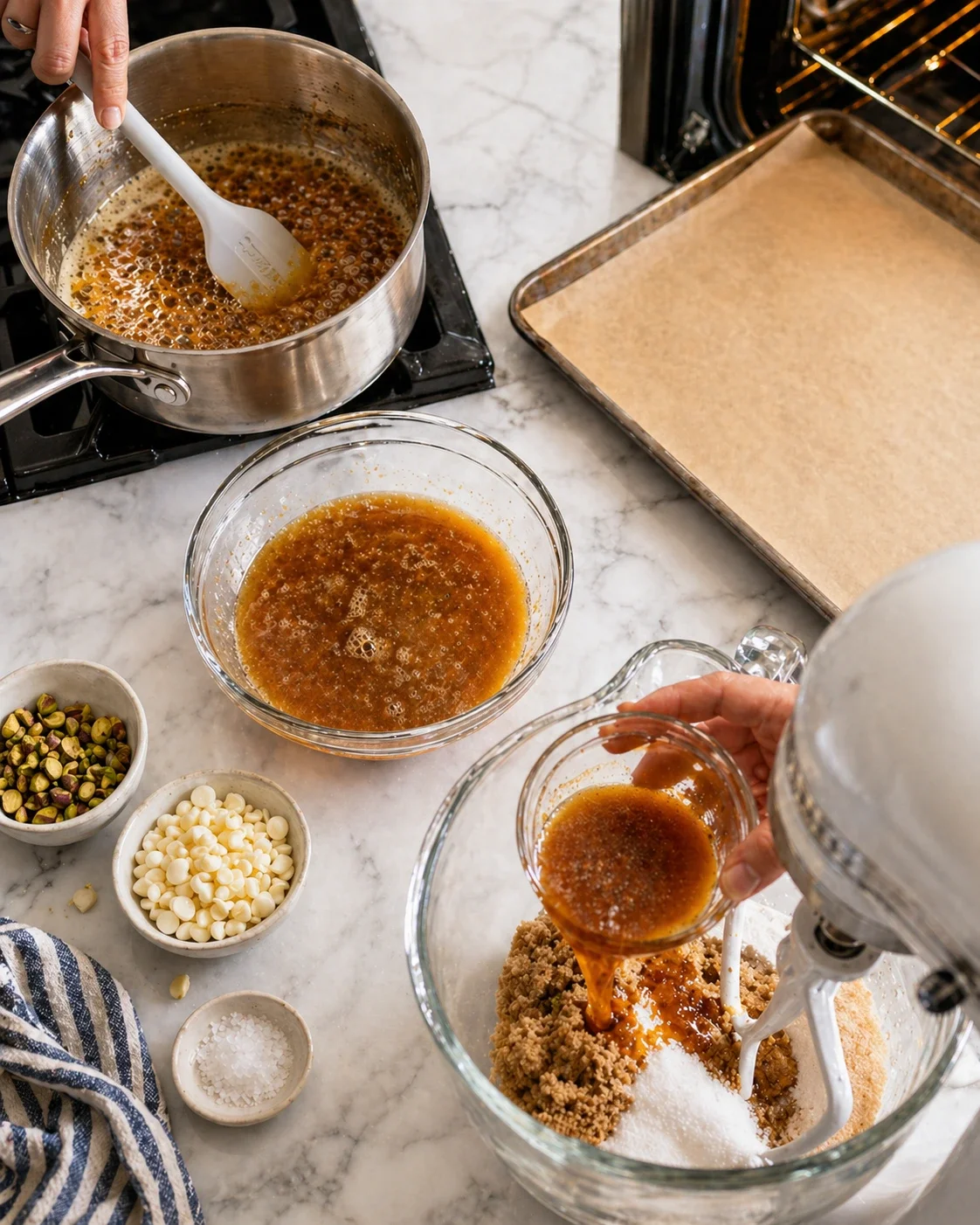 Top-down view of a marble counter with bubbling caramel, pistachios, white chocolate, and a mixer.
