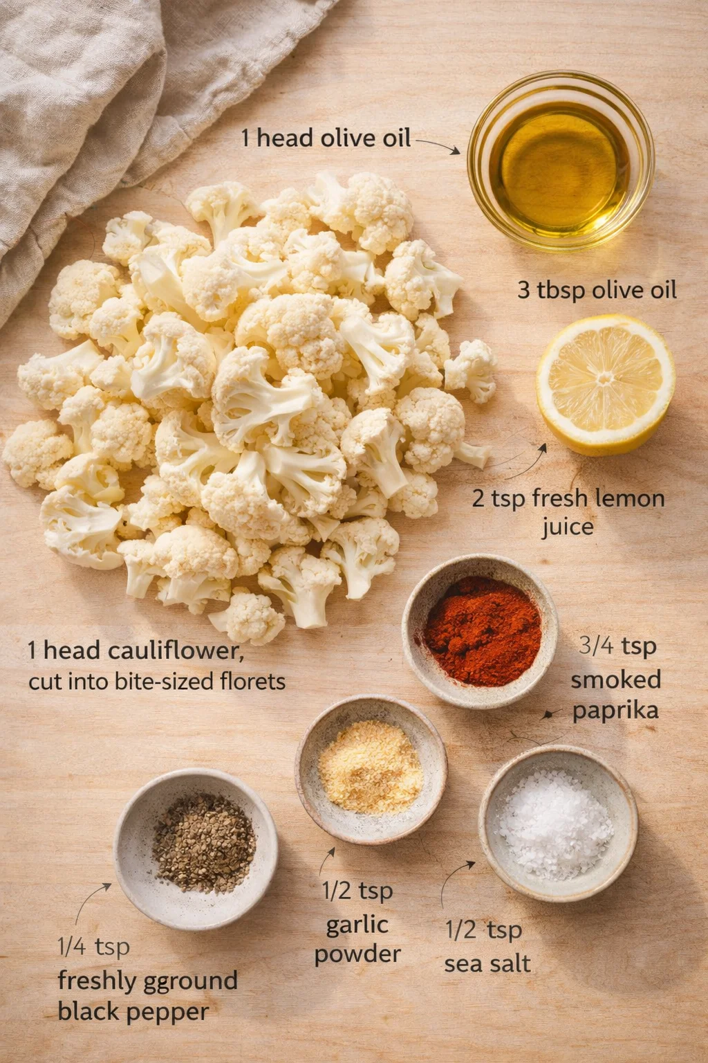 top-down view of cauliflower florets with olive oil, lemon, and spice bowls on a wooden board
