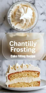 Swirled Chantilly cream in a bowl, close-up of a soft white frosting labeled “Chantilly Frosting Cake Filling Recipe,” and a slice of vanilla layer cake with thick whipped frosting filling and piped peaks on top.