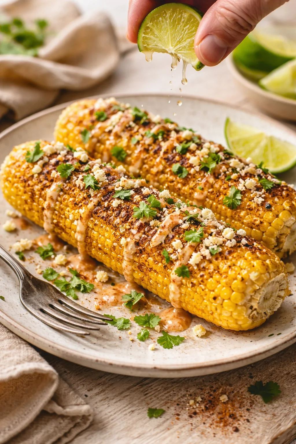 three grilled corn cobs on a plate, drizzled with sauce, cotija and cilantro, with lime wedges
