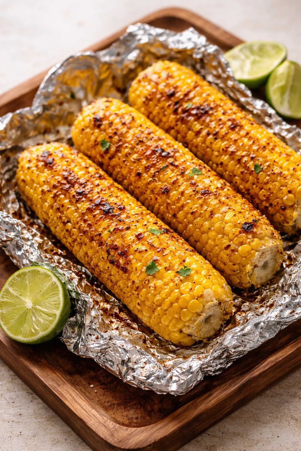 Three charred, butter-brushed corn on the cob on foil with lime wedges.