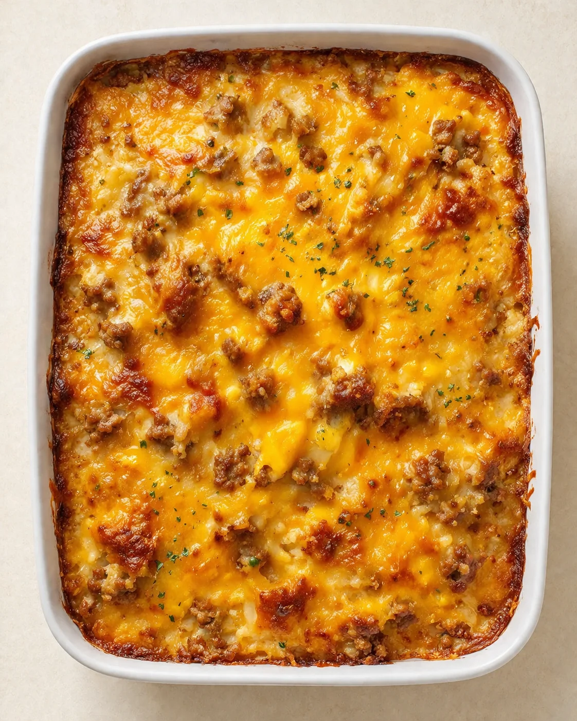 top-down view of cheesy beef casserole in a white baking dish with browned edges and parsley