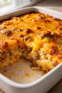 Golden-brown cheesy hash-brown casserole with ground beef in a white baking dish.