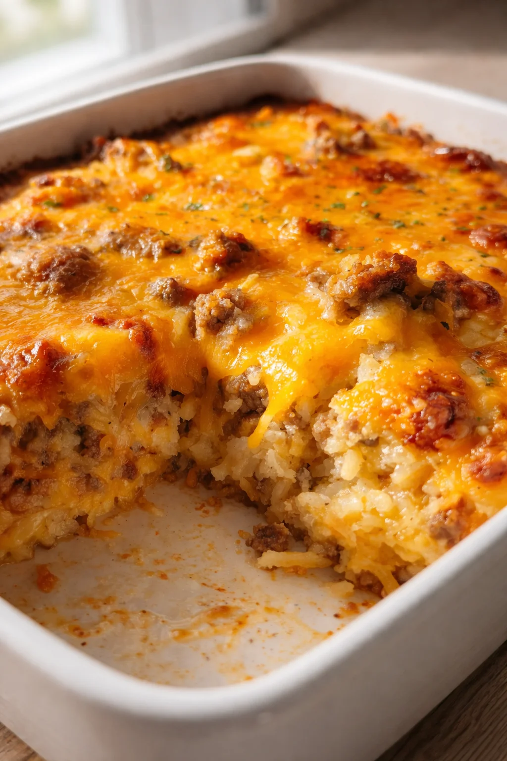 Golden-brown cheesy hash-brown casserole with ground beef in a white baking dish.
