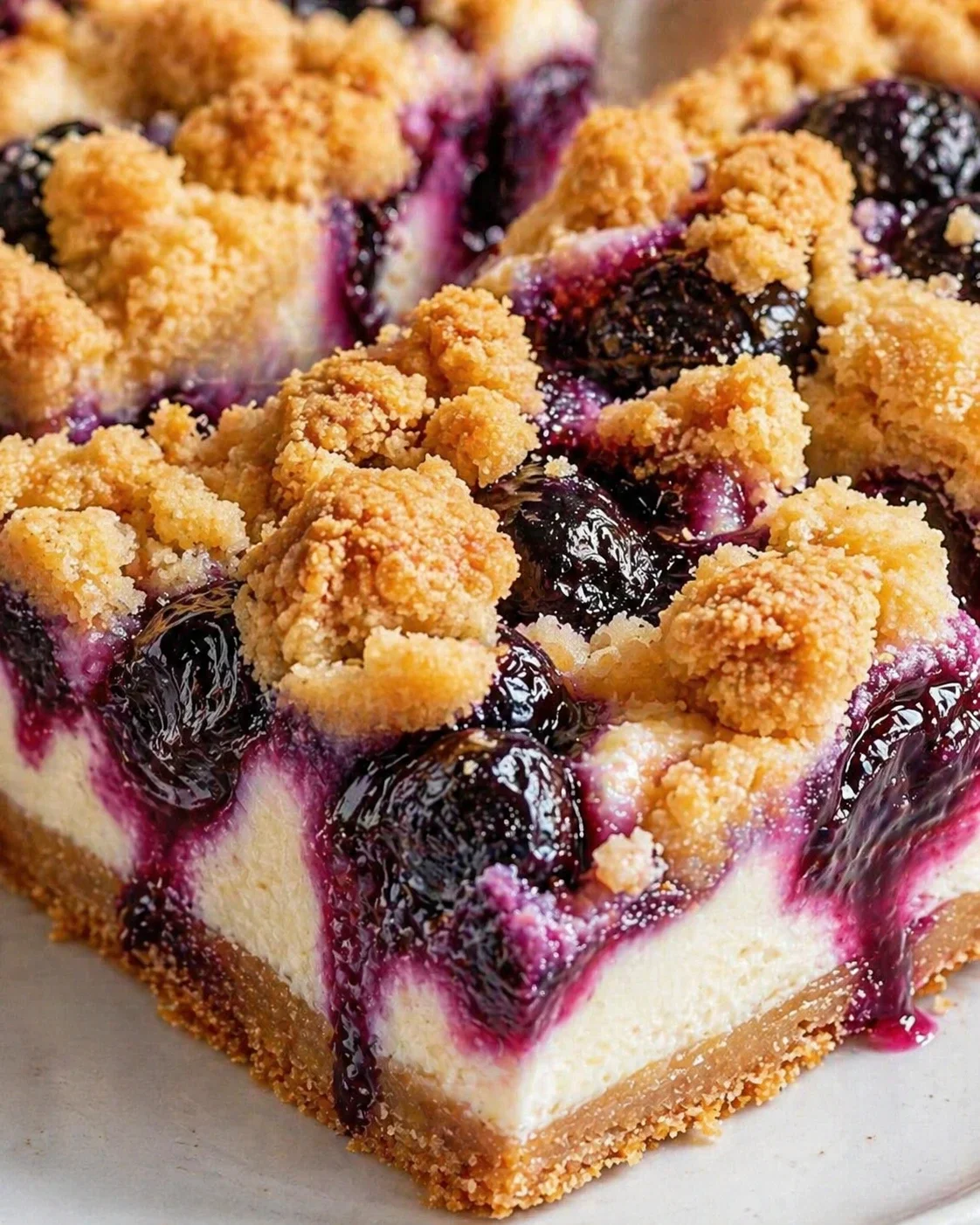 Close-up of cherry-swirl cheesecake bars with crumb topping and graham crust.