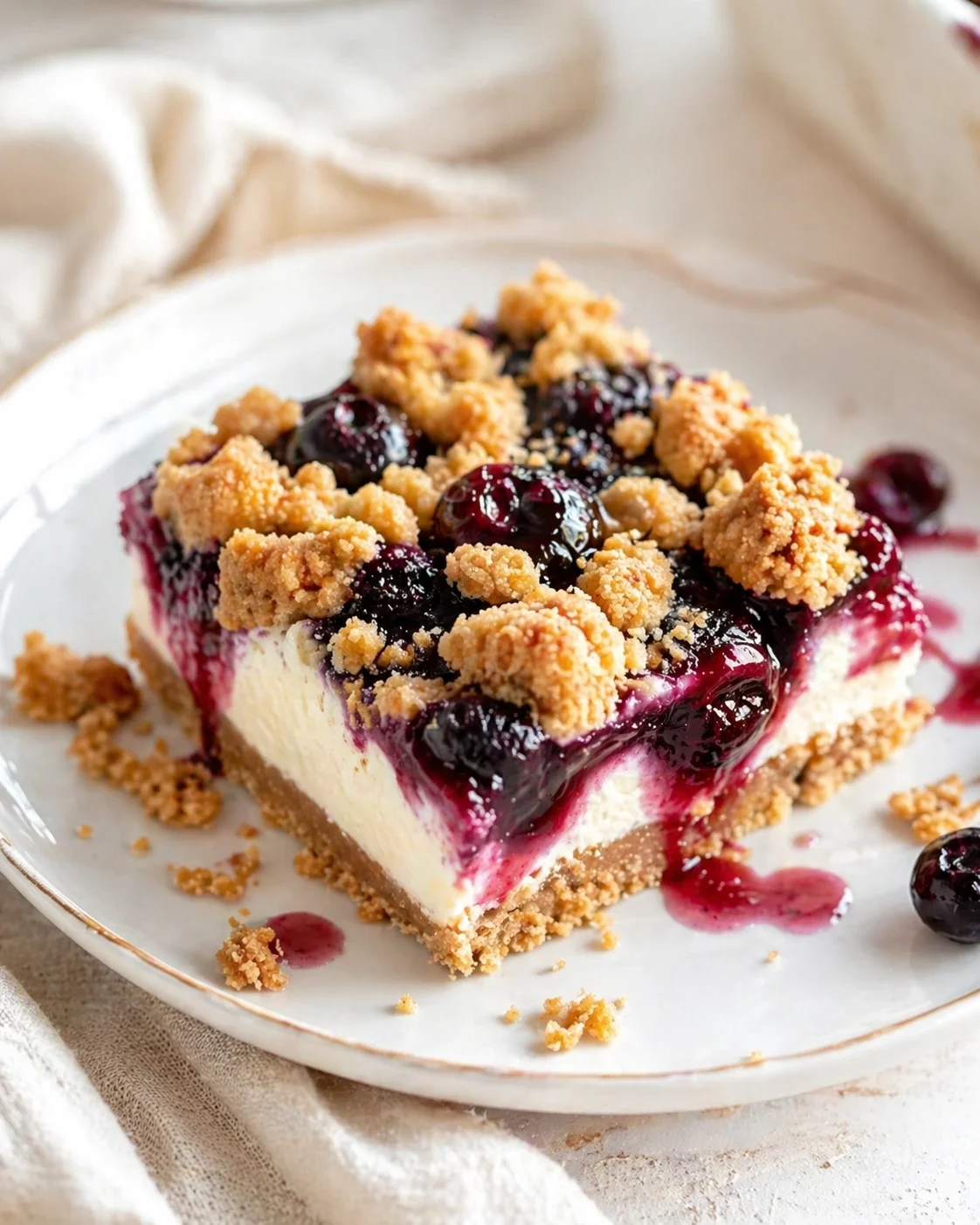 Slice of cherry cheesecake with crumb topping on a white plate.