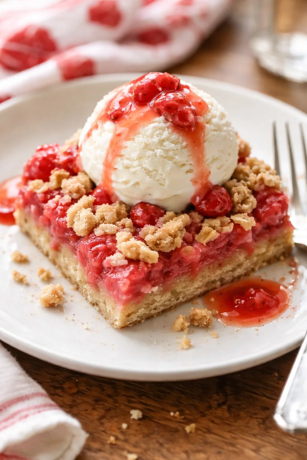 Square slice of cherry crumble dessert topped with a scoop of vanilla ice cream on a white plate.