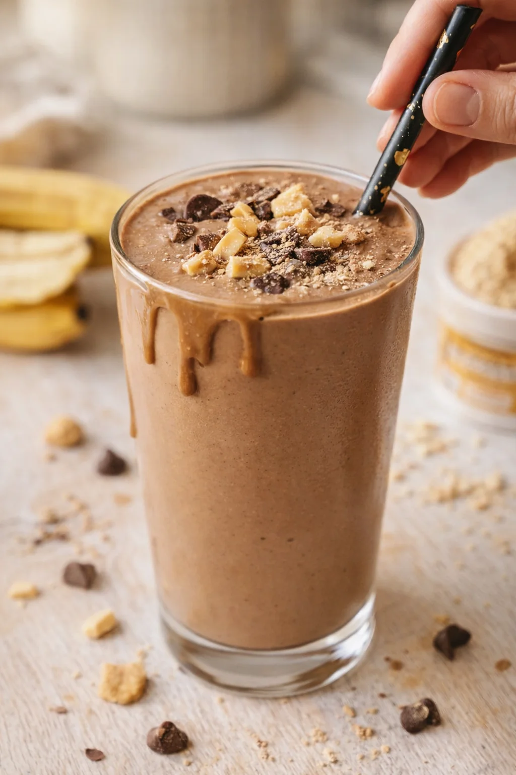 tall glass of chocolate banana milkshake topped with chopped nuts and chocolate, on a wooden table.