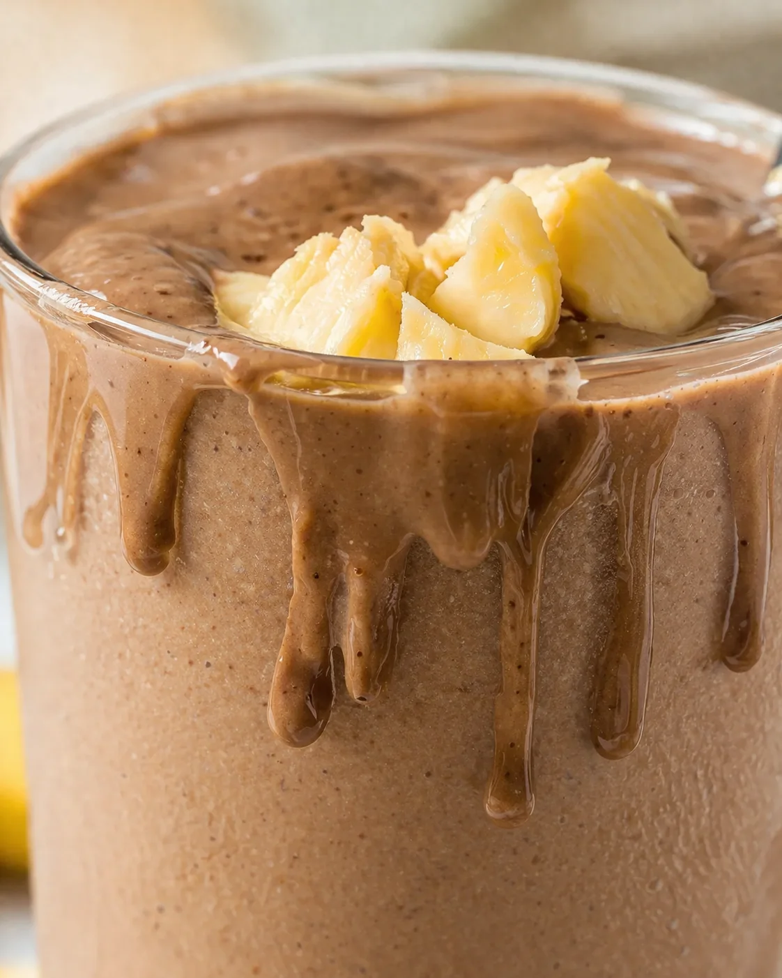 Close-up of a glass jar filled with chocolate banana mousse, topped with banana chunks and glossy drizzle.