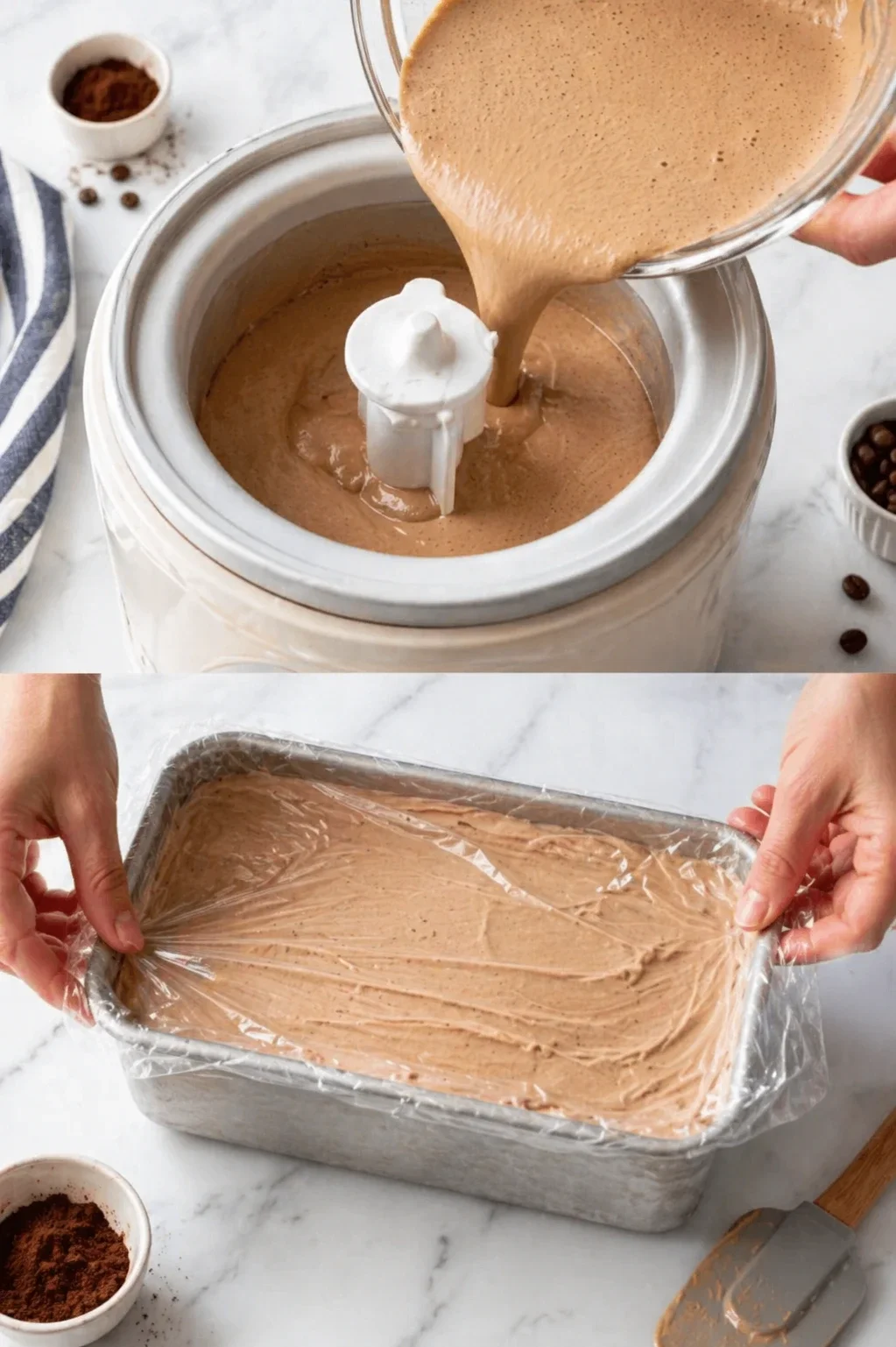 Two-panel scene: pouring chocolate batter into a white blender bowl, then spreading batter into a lined loaf pan.
