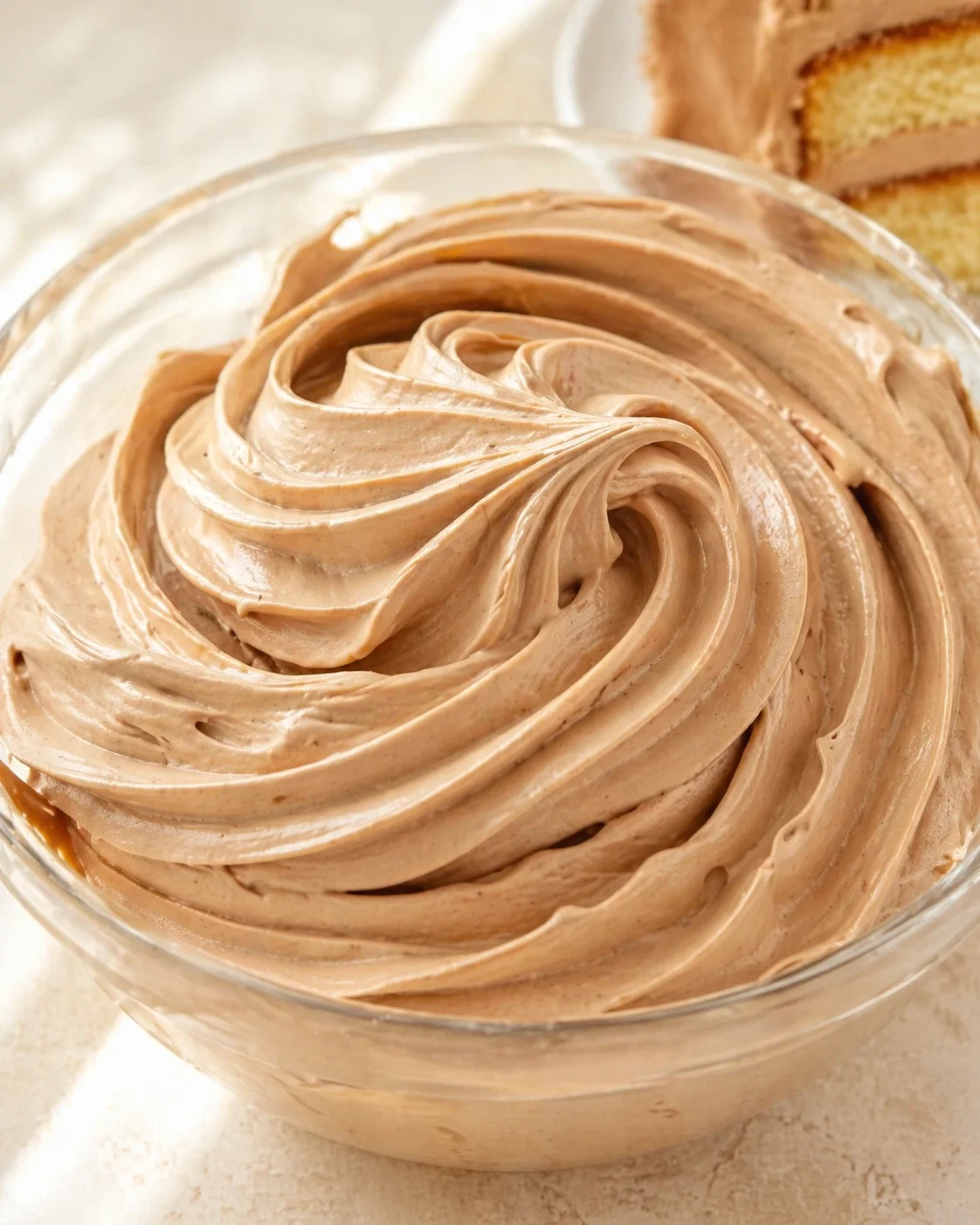 close-up of chocolate-buttercream frosting swirled in a glass bowl with cake slices in the background