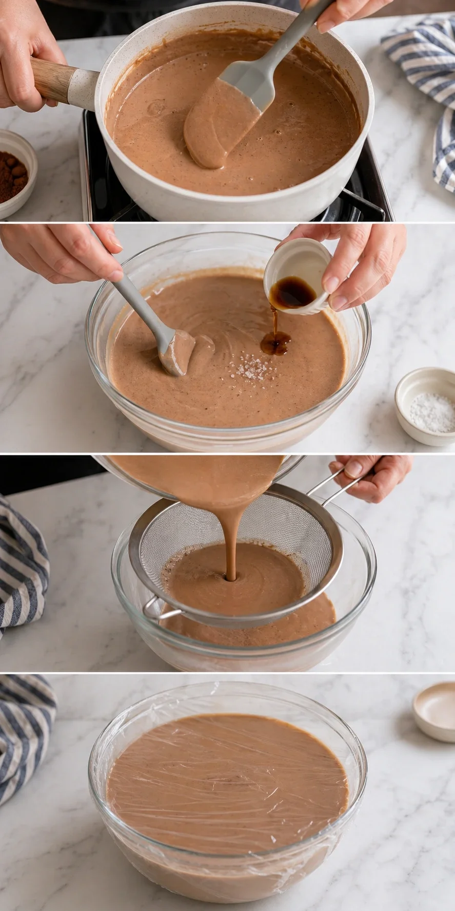 Five-panel collage showing chocolate mousse preparation: heating, pouring, straining, chilling.