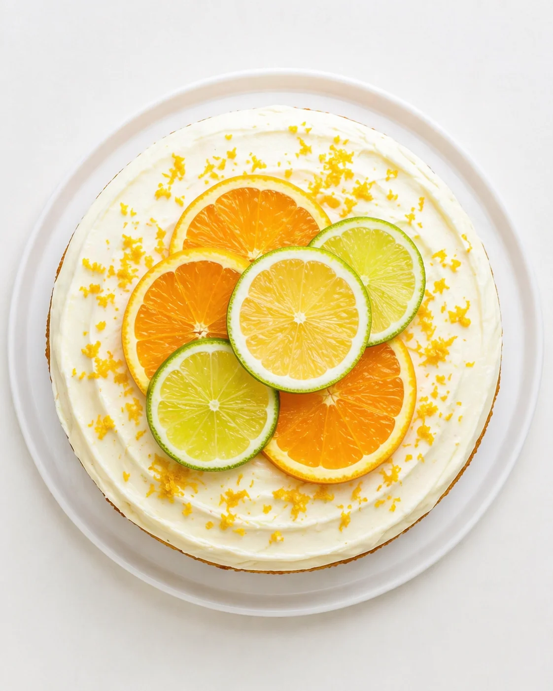 round cake with white frosting on a white plate, topped with orange, lemon, and lime slices