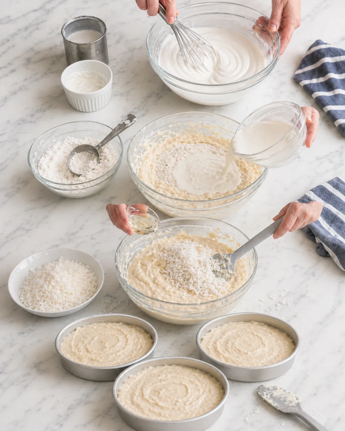 Hands whisk batter in glass bowls; coconut flakes added as milk is poured, with baking pans nearby.