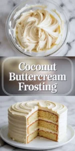Vertical collage shows whipped coconut buttercream in a glass bowl, bold text reading “Coconut Buttercream Frosting,” and a sliced layer cake covered in thick buttercream frosting. The cake reveals soft vanilla sponge layers with creamy filling and smooth swirl decoration.