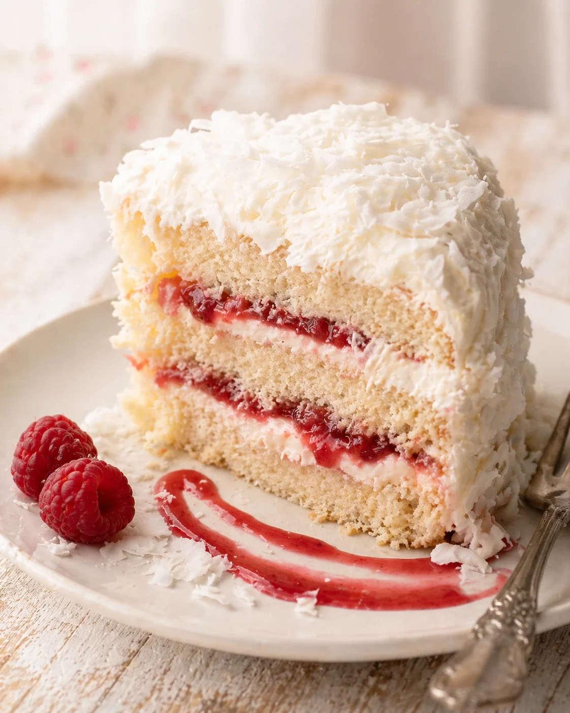 slice of coconut-frosted cake with raspberry filling on a white plate