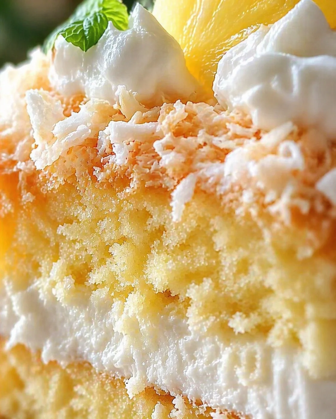 Close-up of a yellow sponge cake slice topped with whipped cream, coconut shavings, and an orange wedge with mint.