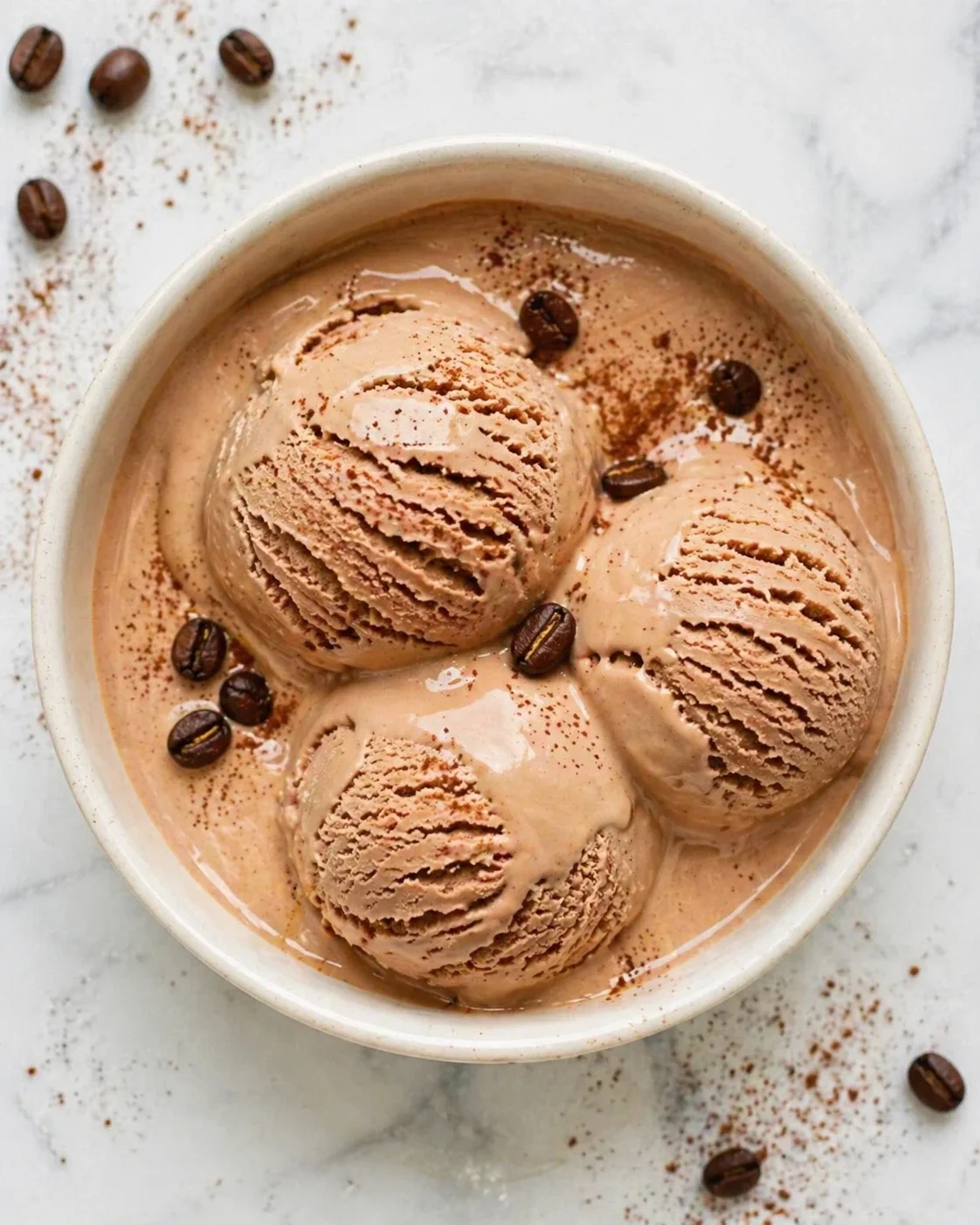 Top-down view of three scoops of chocolate coffee ice cream in a white bowl with coffee beans on marble