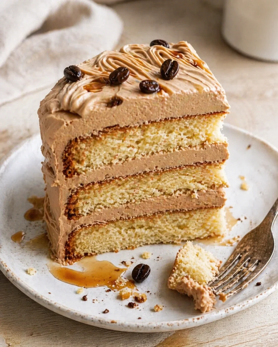 Tall slice of coffee-flavored cake with buttercream frosting and coffee bean garnish on a plate.